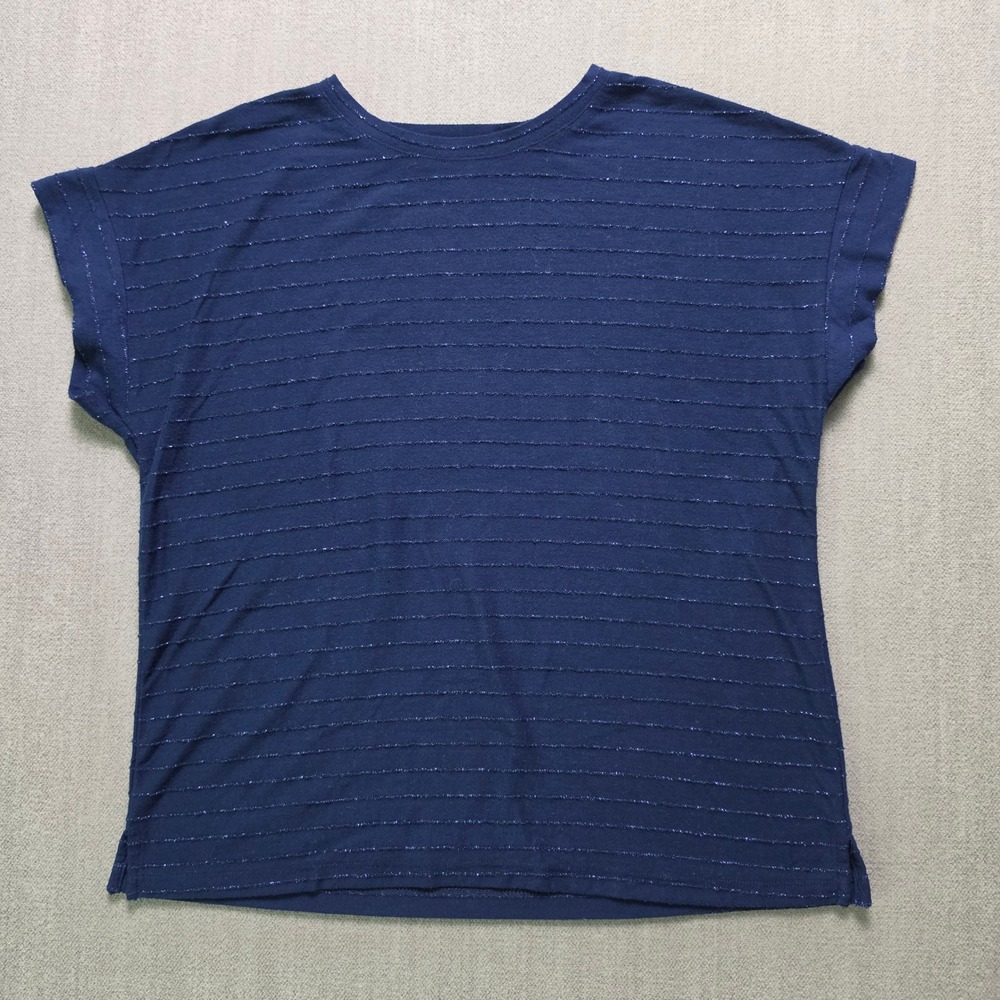 Ellen Tracy Top Women Medium Blue Metallic Stripe Cuffed Cap Sleeve 1849311